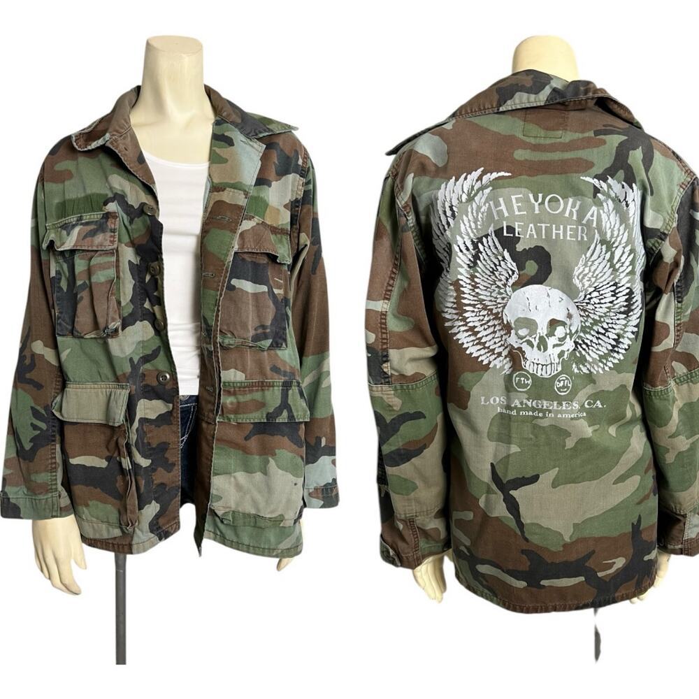 Heyoka Leather Los Angeles Designer Grunge Jacket Camo Army Surplus M L Skull